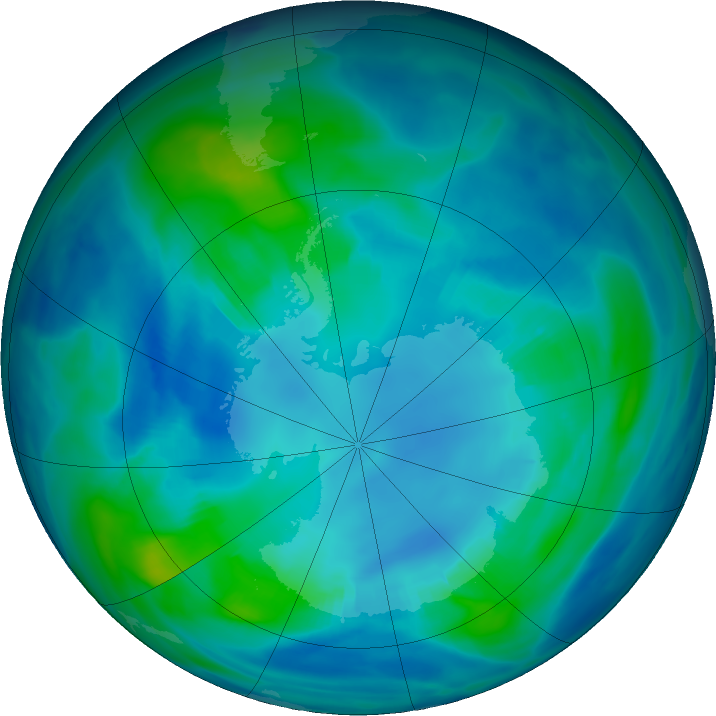 Antarctic ozone map for 25 April 2022